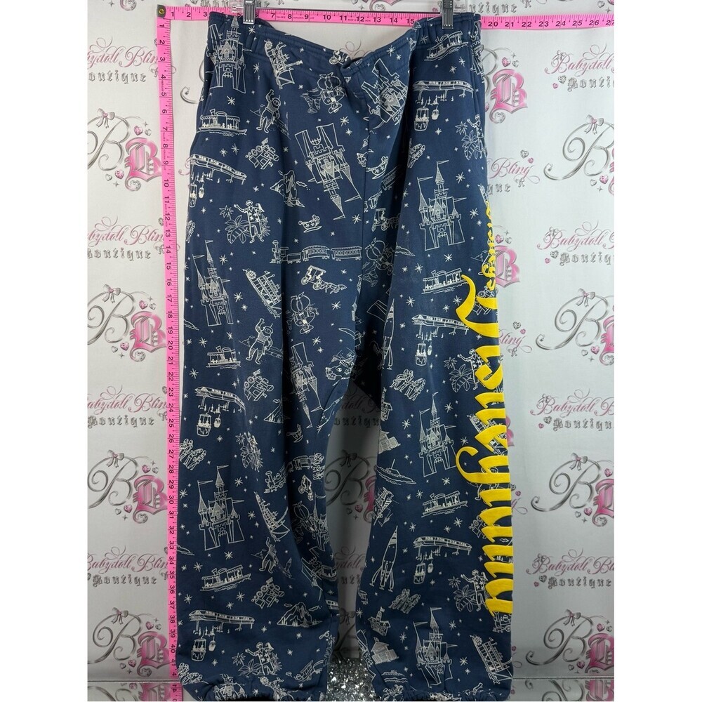 Disney 100 pants rare sweatpants Navy Castle Print Lounge Pants Yellow Script